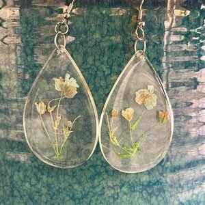 Handmade Pressed Flower Silver Teardrop with Flowers